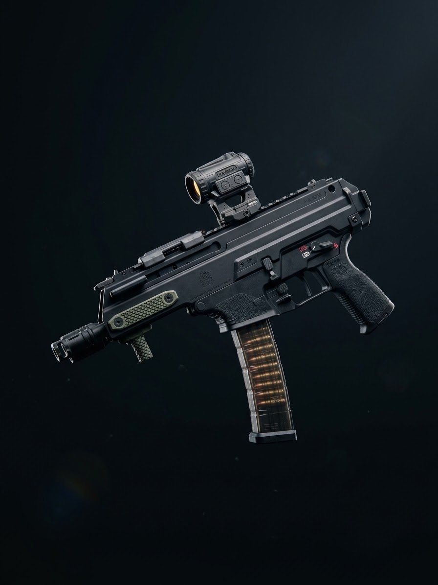 Tactical rifle with 3D printed accessories, side profile