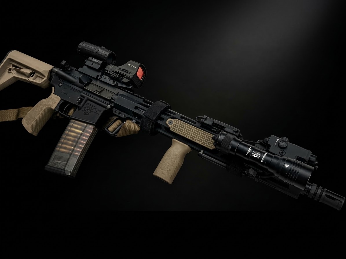 Tactical firearms accessories on dark surface
